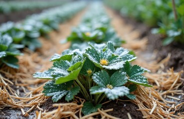 Strawberry plants covered with straw are dusted with snow in an agricultural field during spring. Farming organic berries despite cold weather and frost.