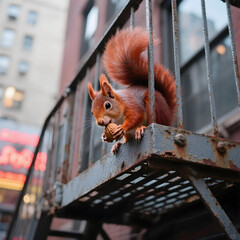 Urban Squirrel’s Snack Break: Captivating image of a charming red squirrel perched on an urban balcony, savoring a tasty nut with the cityscape as a backdrop.
