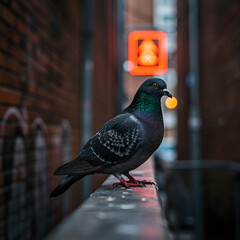 City Pigeon on a Railing: A solitary city pigeon perches confidently on a railing, its iridescent neck feathers shimmering under the glow of urban lights, revealing a tranquil snapshot of urban life.