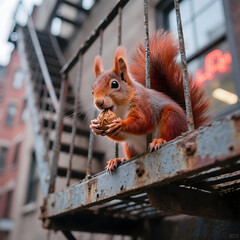 Urban Squirrel's Nutty Snack: A charming squirrel in the city gnaws contentedly on a nut atop a weathered metal fire escape. capturing urban wildlife moment