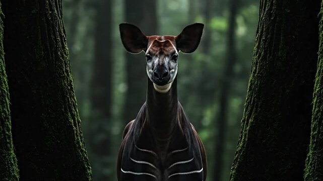 Striking Okapi with distinctive striped legs and a dark coat emerges from the dense, verdant forest, captivating with its unique beauty and elusive nature