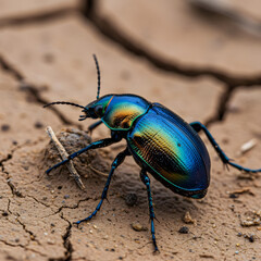 Shimmering Beetle on Cracked Earth: A close-up shot reveals the striking beauty of a colorful beetle, its iridescent shell gleaming under natural light against a backdrop of cracked, arid earth.