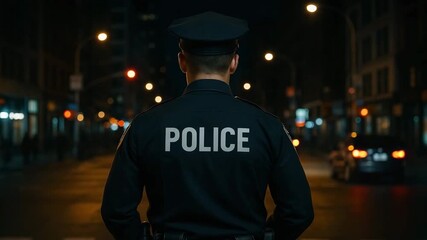 A police officer stands in the dark city streets, symbolizing law enforcement and community safety in urban environments.