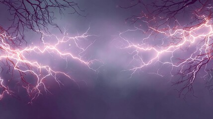 A dramatic scene, a dark, misty sky cleaved by powerful, branching lightning bolts with silhouetted trees