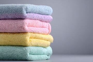Stack of colorful towels.  Stacked soft, textured towels in pastel shades,  light gray background