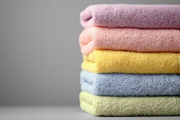 Stack of colorful towels on a gray surface