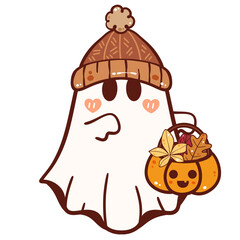 Cute Autumn Ghost with Winter Hat and Pumpkin Basket – Halloween Kawaii Illustration