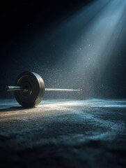 Solitary Barbell on a Gritty Floor, Illuminated by a Dramatic, Dusty Shaft of Light.