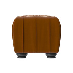 Brown leather ottoman with button tufting on a white background.