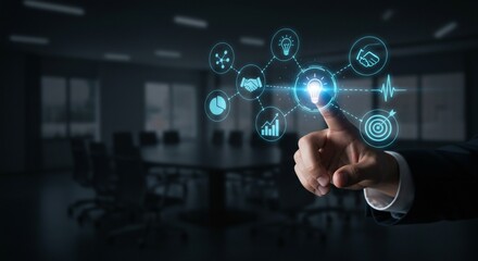 Strategic Business Planning: Close-up of Executive Touching Holographic Process Flow
