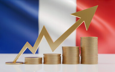 A golden arrow with a graph of the French economy's growth emerging from a stack of coins, with the French flag in the background