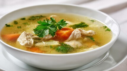 Hot chicken soup with shredded meat and vegetables served in a white bowl on a clean table