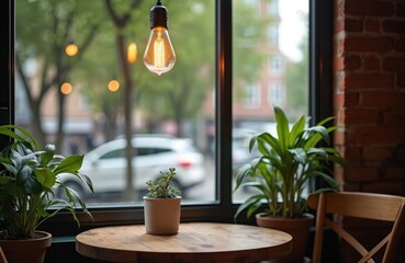 Cozy cafe corner interior view with city street scene outdoors. Table with potted plants below light. Brick wall wooden chair. Relaxing atmosphere inside modern place.