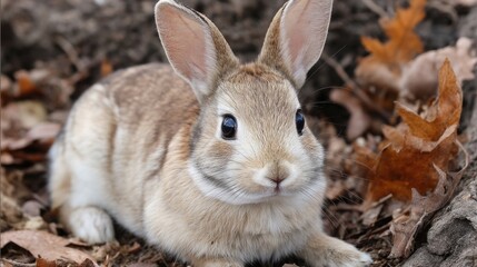 Fototapeta premium A Little Rabbit in Autumn Leaves