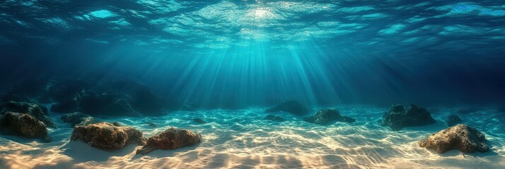 Obraz premium A serene underwater scene showcasing sunlight filtering through water, illuminating sandy seabed and rocky formations.