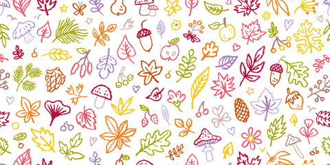 Autumn pattern. Leaf seamless background. Fall leaves vector texture. Autumn forest tree acorn plant flower seamless pattern. Nature watercolor illustration. Cute kid line doodle bg. Crayon hand drawn