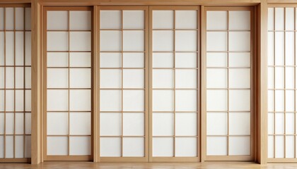 Modern traditional Japanese shoji sliding paper doors with light wood frames. Clean interior design shows minimalist aesthetic. Serene zen living space offers peaceful vibe. Asian architecture decor