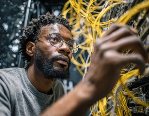 A black male network engineer works diligently on a server in a bustling data center, surrounded by yellow cables. His focused expression reflects dedication and professionalism.