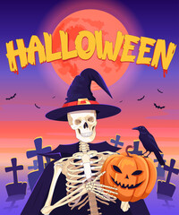 Halloween skeleton character with pumpkin and crow cartoon illustration