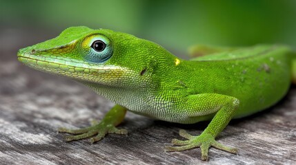 Fototapeta premium Green Lizard on Wooden Surface