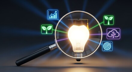 Illuminated light bulb magnified by a lens revealing glowing icons of innovation and technology growth