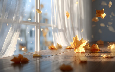 Fototapeta premium Autumn leaves on empty table behind white curtains. Interior wall background with fall aesthetic decor. Beauty and fashion product showroom.