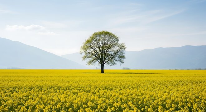 Solitary tree stands tall in a vast field of yellow flowers under a soft blue sky