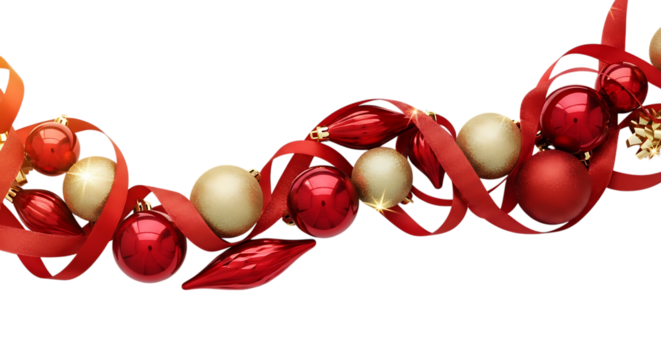 Festive christmas border isolated on transparent background featuring red ribbons and an assortment of red and gold ornaments, creating a cheerful and decorative element for holiday designs and backgr