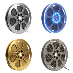 Four film reels in silver, blue neon, gold, and cracked textures, arranged on a white background.