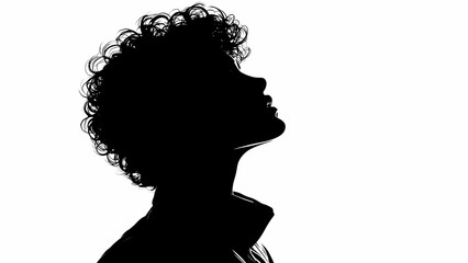 Striking Profile Silhouette of a Woman with Curly Hair and Reflection, Looking Upwards