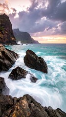 Dramatic sunset over rocky coastline