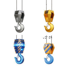 Four stylized crane hooks hanging from above, each with a different metallic color and design.