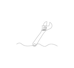 One continuous line drawing of a wrench tool. White background. Downloadable construction logo symbol. Wrench outline vector illustration. Editable stroke.