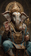 Intricately detailed sculpture of hindu deity ganesha in regal pose and golden crown