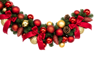 Festive christmas garland isolated on transparent background, featuring red and gold ornaments, ribbons, and pine cones, creating a decorative and celebratory atmosphere for the holiday season