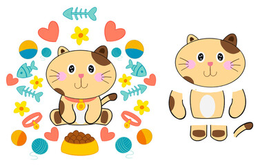 Cute cartoon cat illustration with playful elements like fishbones, yarn, hearts, and food bowl. Perfect for children’s projects, stickers, clipart, and adorable pet-themed designs.