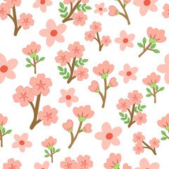 Seamless sakura flower background with soft pink blossoms and green leaves, illustrated in digital colored pencil style. Perfect for spring, Japanese themes, and decorative design projects.