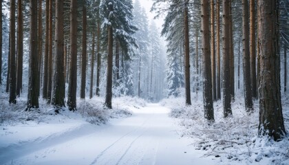 Snowy Winter Forest Landscape with Snow Covered Trees and Scenic Path