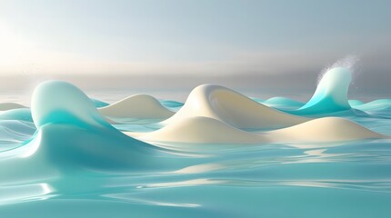 a lush 3D render of gentle ocean-inspired wave shapes in pale turquoise and cream hues, with translucent foam-like edges catching sunlight and smooth flowing lines that mimic water ripples, set agains