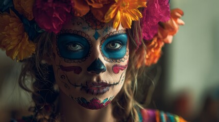Young caucasian female in day of the dead makeup with colorful flower crown
