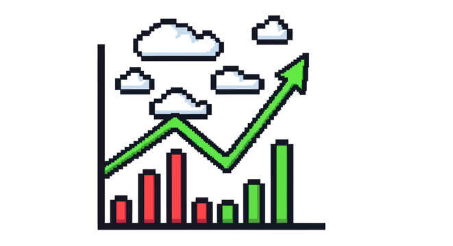 Pixelated Upward Trend Chart with Green Arrow and Clouds.