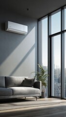 Fototapeta premium A modern air conditioner mounted in a sunlit urban apartment provides cool comfort during summer. A grey sofa enhances the contemporary feel, complemented by a potted plant nearby.