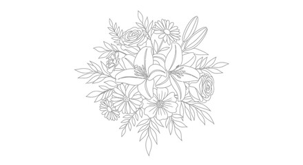 Obraz premium Exquisite Floral Arrangement A Detailed Line Art Illustration of Lilies, Daisies, and Delicate Foliage Perfect for Coloring or Design Projects