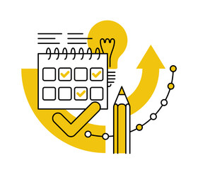 Personal time management concept. Lightbulb, pencil, calendar and chart