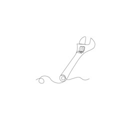 One continuous line drawing of a wrench tool. White background. Downloadable construction logo symbol. Wrench outline vector illustration. Editable stroke.