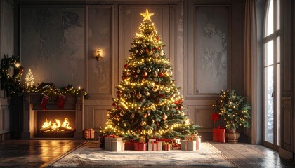 Illuminated christmas tree with presents and fireplace in cozy home interior