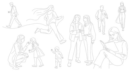 Obraz premium Illustration of diverse people engaging in various activities, from reading to running and interacting with each other in everyday life