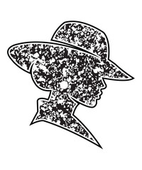 Grunge Silhouette of Woman Wearing Hat Profile Vector Illustration.