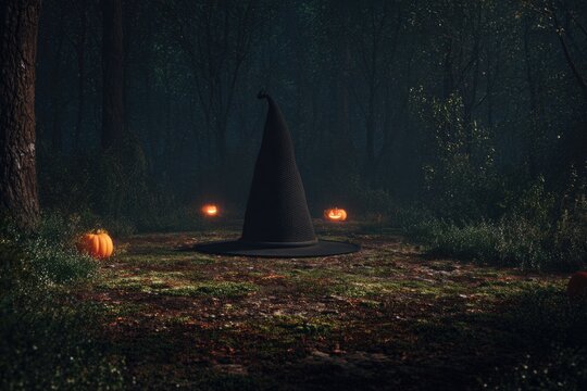 Mysterious forest scene with witch hat surrounded by glowing pum