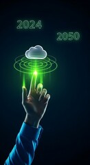 Touching the future of technology a digital cloud graphic with glowing green light and hand reaching out